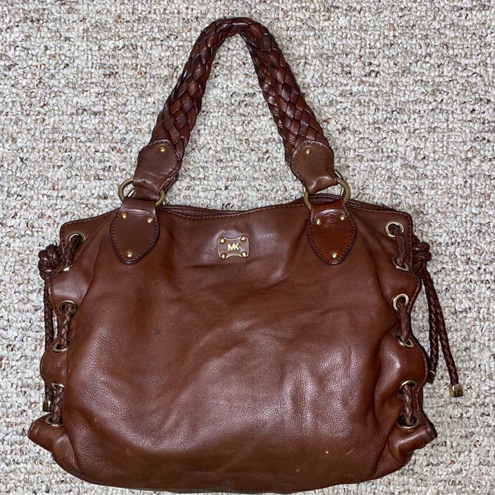 Michael Kors Vintage Brown Braided Leather Accent Hobo Bag